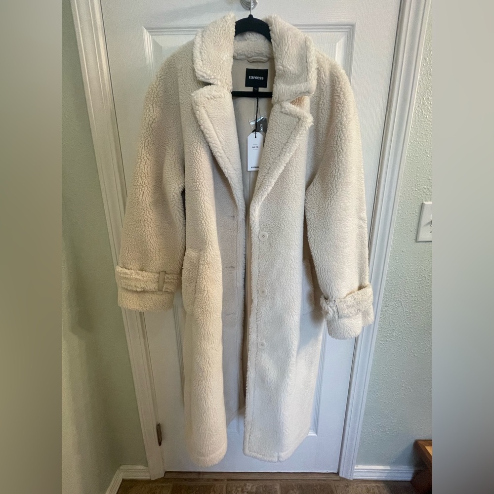 Over size cream faux fur trench